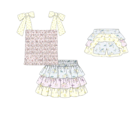 Pre Order 150: Tractors & Floral- Girls Knit Skort Set