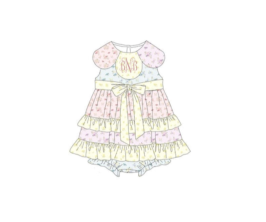 Pre Order 150: Tractors & Floral- Girls Knit Bubble