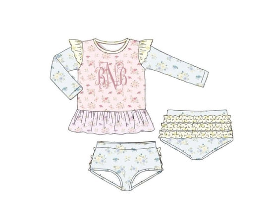 Pre Order 150: Tractors & Floral- Girls 2pc Rashguard Swim