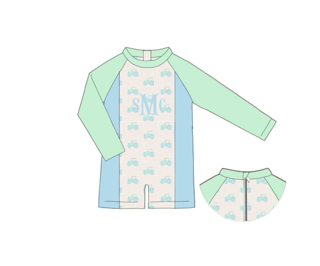 Pre Order 150: Tractors & Floral- Boys 1pc Rashguard Swim
