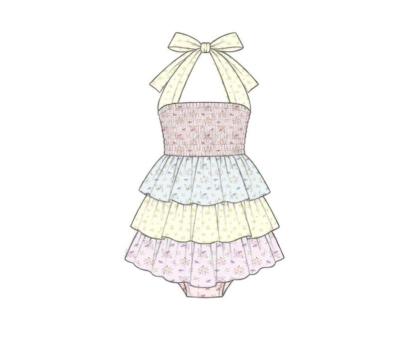 Pre Order 150: Tractors & Floral- Girls 1pc Ruffle Woven Swim