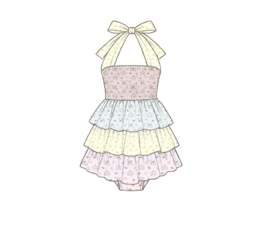 Pre Order 150: Tractors & Floral- Girls 1pc Ruffle Woven Swim