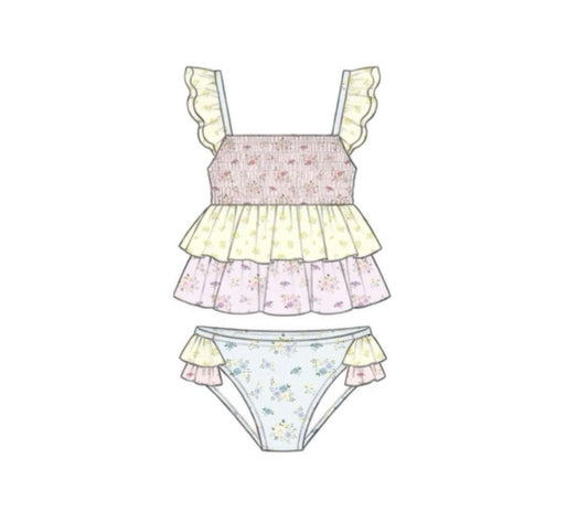 Pre Order 150: Tractors & Floral- Girls 2pc Ruffle Woven Swim