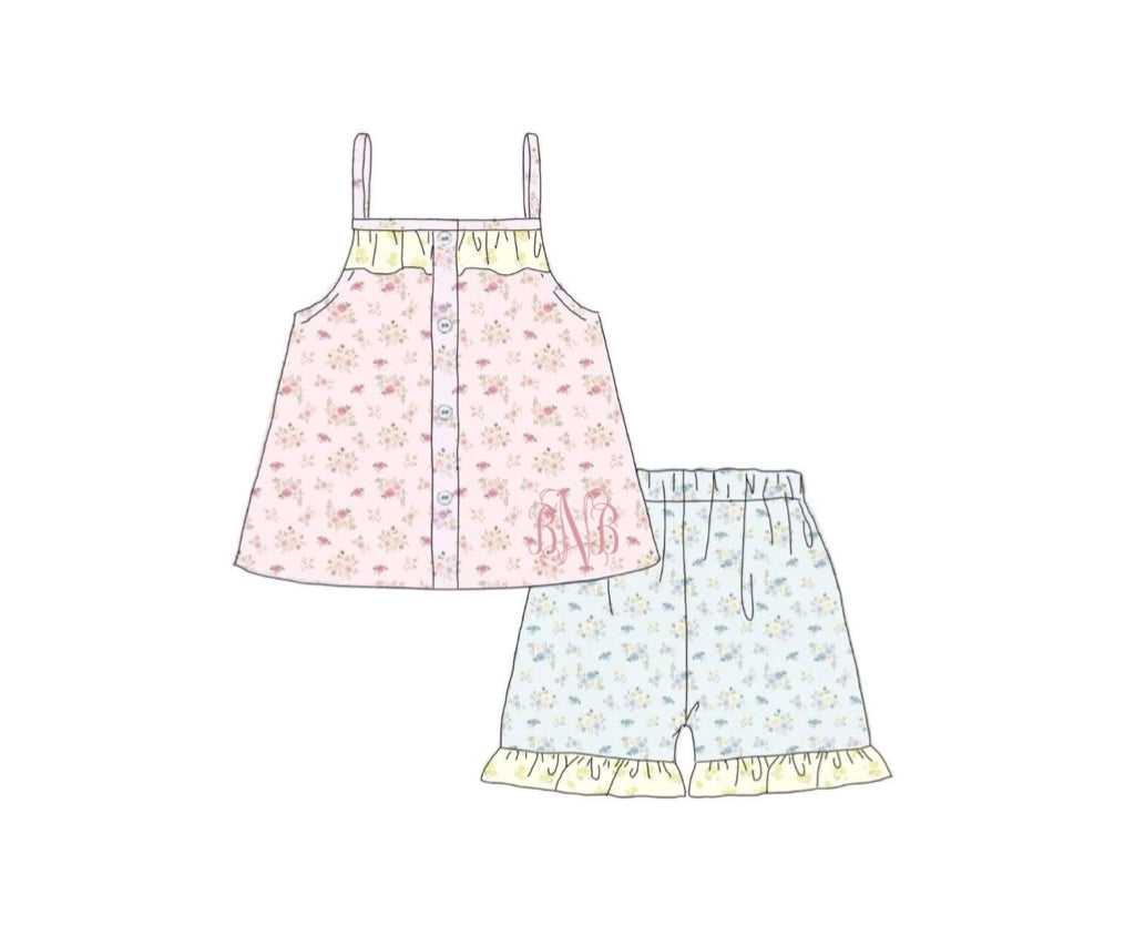 Pre Order 150: Tractors & Floral- Girls 2pc Knit Lounge Set