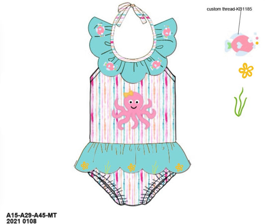 Pre Order 151: Sellers Summer Octopus- Girls Appliqué 1pc Woven Swim