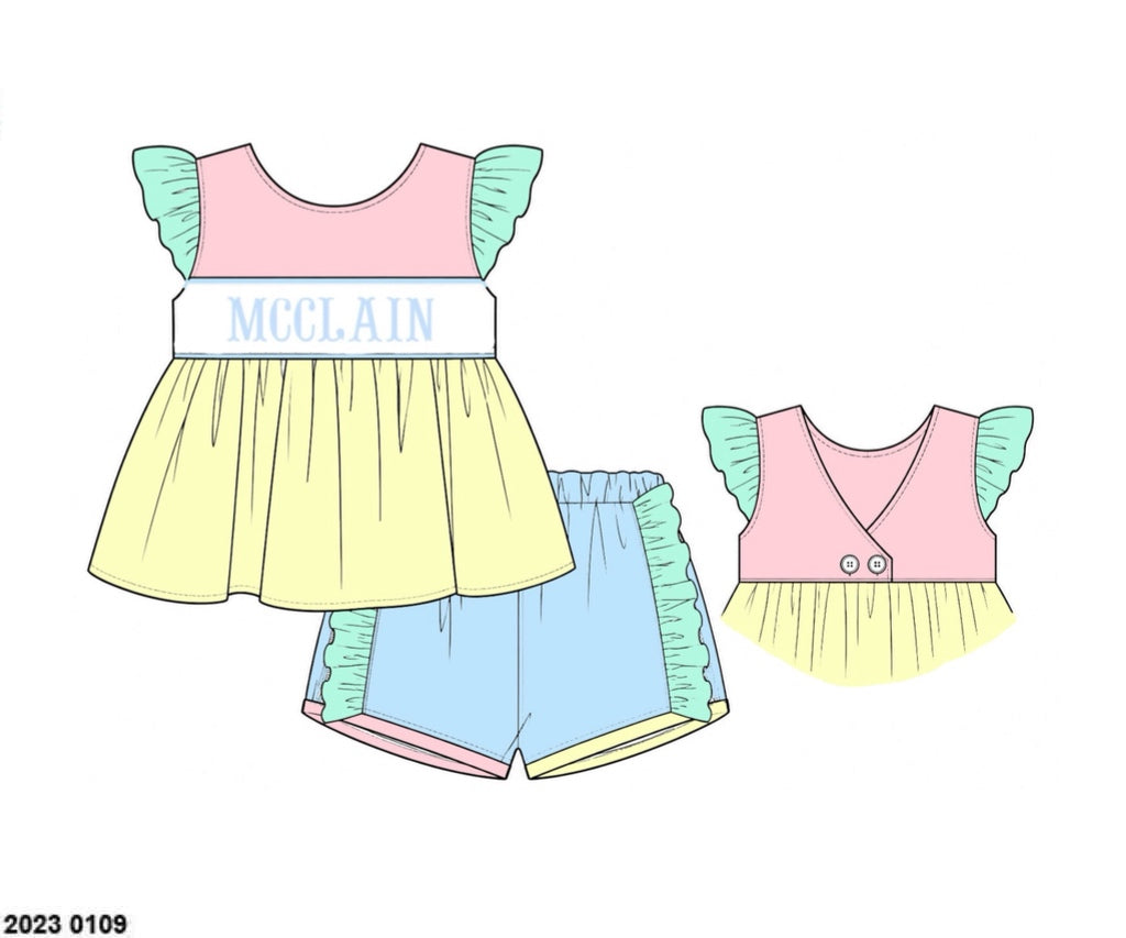 Pre Order 152: Colorblock- Girls Name Smock Knit Shortie Set