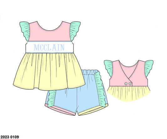 Pre Order 152: Colorblock- Girls Name Smock Knit Shortie Set