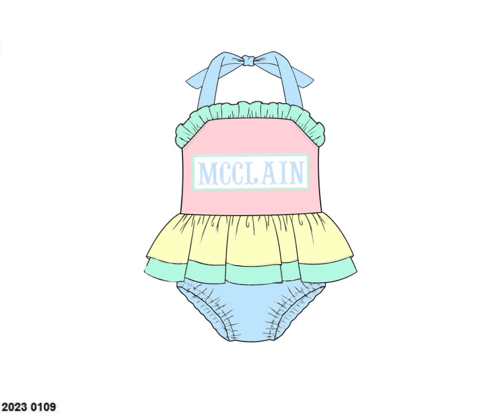 Pre Order 152: Colorblock- Girls 1pc Name Smock Rashguard Swim