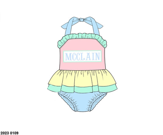 Pre Order 152: Colorblock- Girls 1pc Name Smock Rashguard Swim
