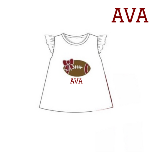 RTS: Bryant Collection- Girls Football Applique White Knit Shirt "AVA"