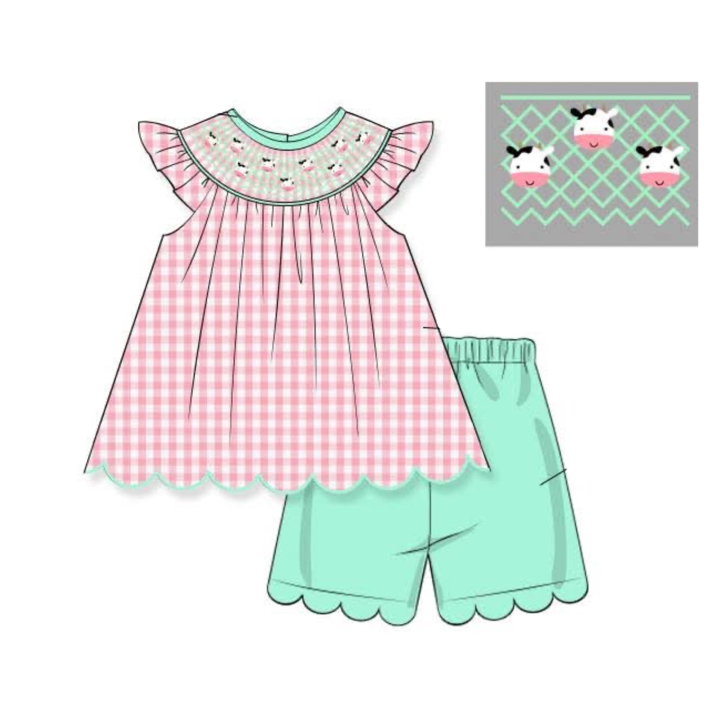 RTS: Geo Smocked Cows- Girls Scallop Short Set