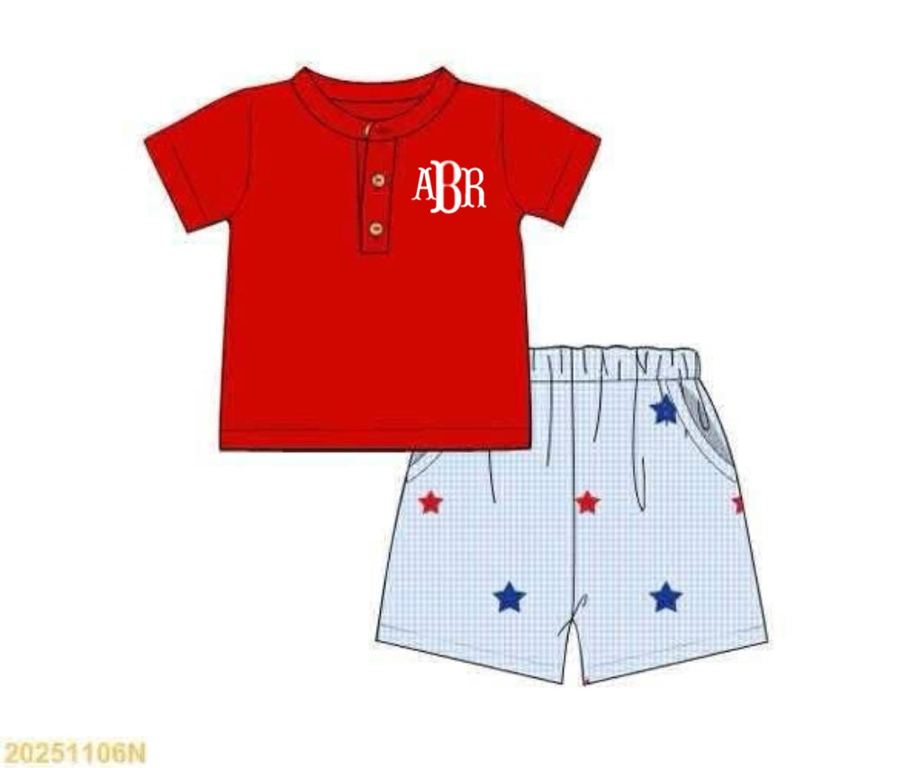 RTS: Hidle Stars- Boys Embroidered Angled Short Set “ABR”