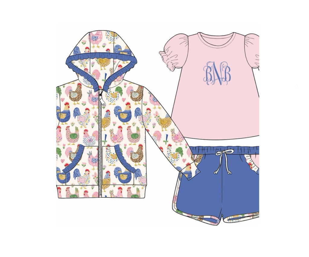 RTS: 3pc Knit Jacket Sets- Girls Colorful Chickens