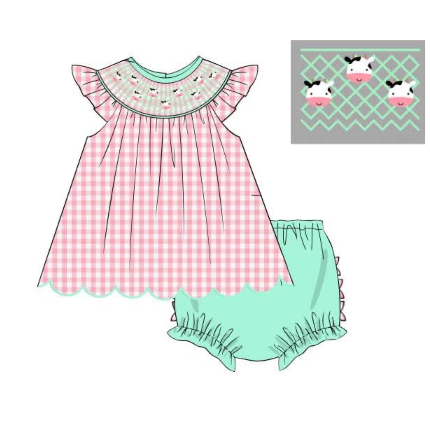 Pre Order 139: Geo Smocked Cows- Girls Bloomer Set