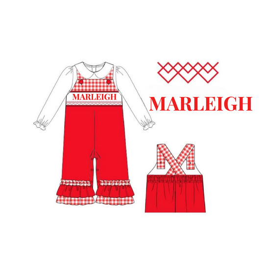 RTS: Christmas Name Smocks- Girls Red Gingham Knit Romper"MARLEIGH"