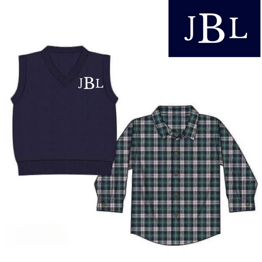 RTS: Navy Tartan Plaid- Boys/Dad Vest Set "JBL"