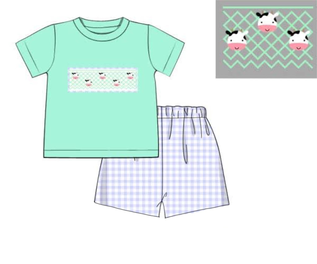 Pre Order 139: Geo Smocked Cows- Boys Knit Angled Short Set