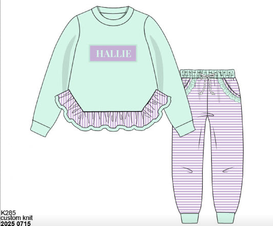 RTS: Knit Jogger- Girls Name Smock Ice Mint Jogger Set "Hallie"