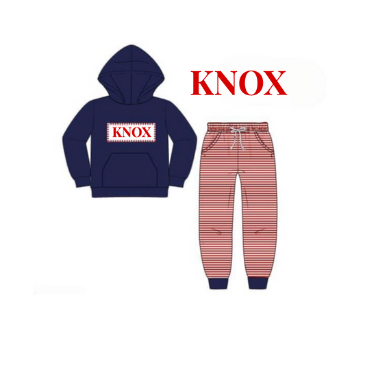 RTS: Boys Name Smock Navy & Red Stripe Knit Jogger Set "KNOX"