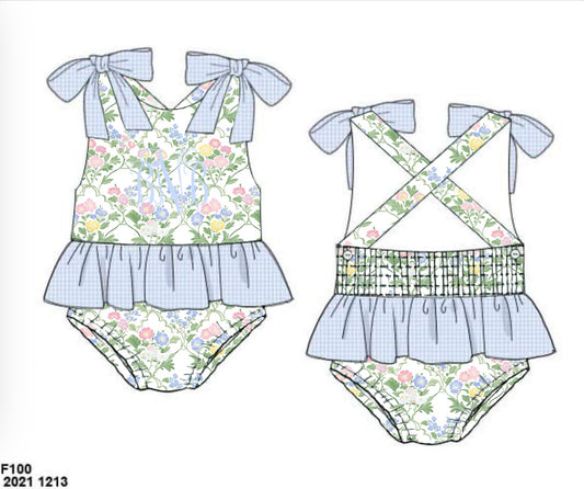 Pre Order 138: Mary-Keene Floral & Stripe- Girls 1pc Rash Guard Swim