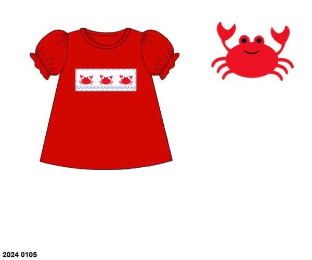 RTS: Critter Collection- Girls Red Smocked Crab Shirt