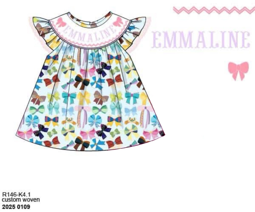 Pre Order 146: Name Smocks- Girls Bows Woven Bishop Shirt