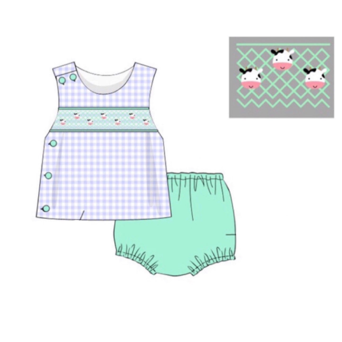 Pre Order 139: Geo Smocked Cows- Boys Diaper Set