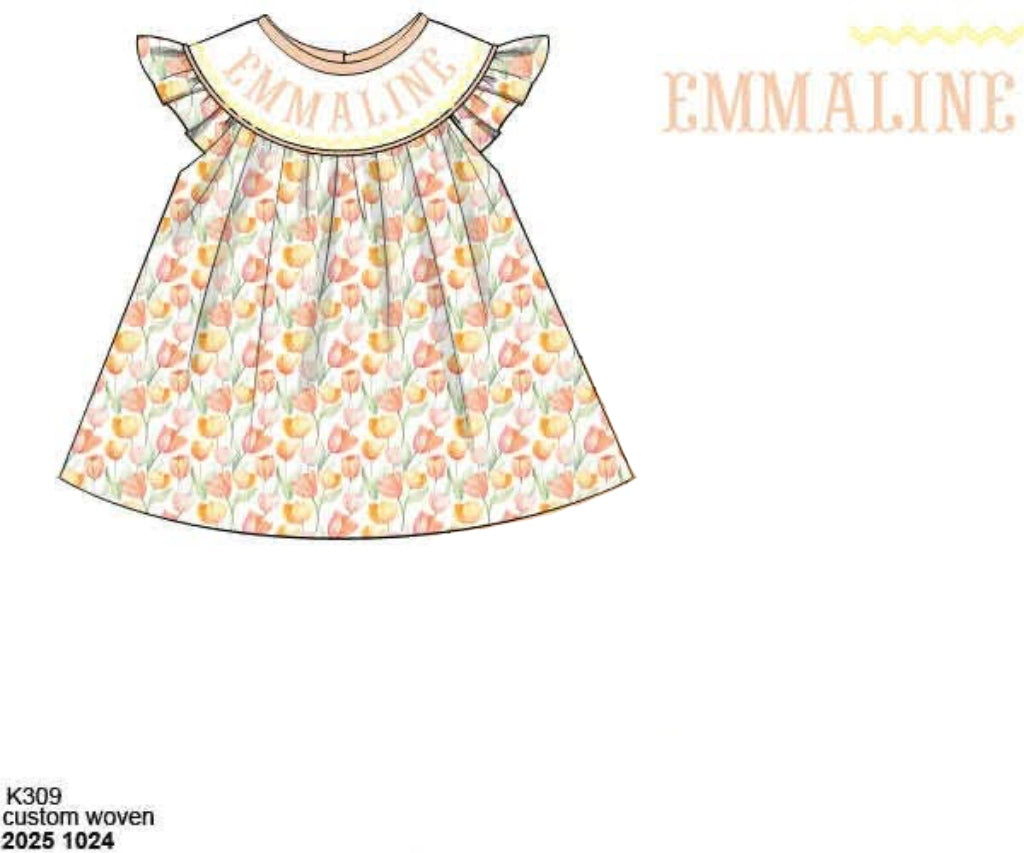 Pre Order 146: Name Smocks- Girls Tessa Tulips Floral Woven Bishop Shirt