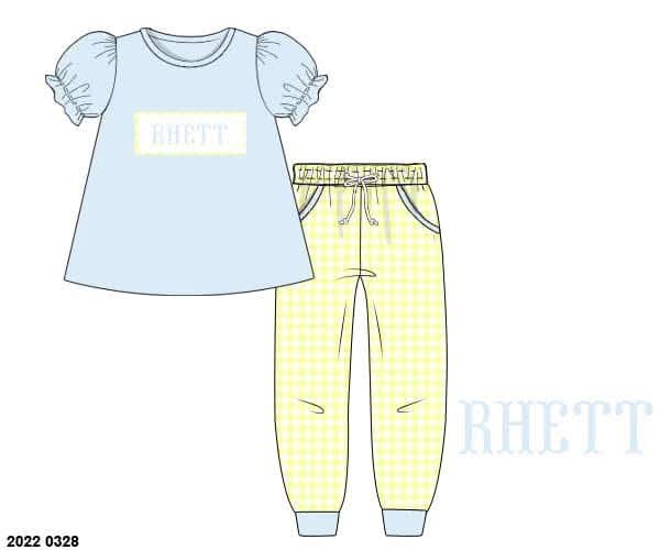 Pre Order 149: Everyday Name Smocks- Girls Asher Blue & Yellow Gingham Knit Jogger Set