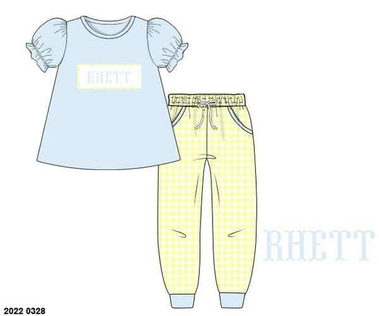 Pre Order 149: Everyday Name Smocks- Girls Asher Blue & Yellow Gingham Knit Jogger Set