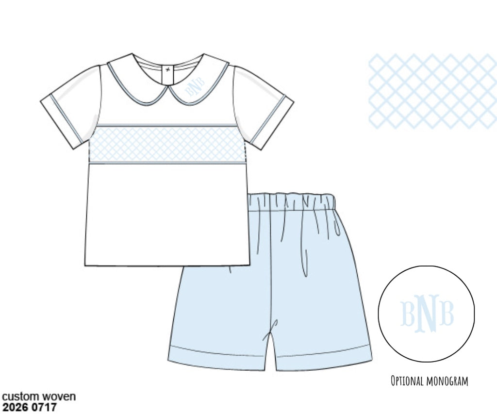 Pre Order 148: Blue Heirloom- Boys Woven Short Set