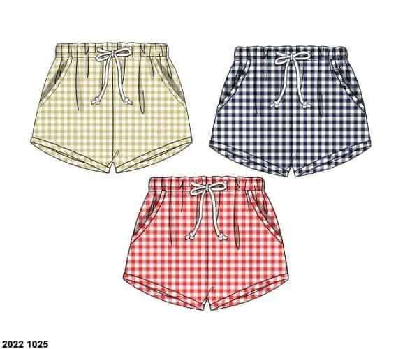 Pre Order 136: 3pc Bottom Packs- Boys Tan, Red, and Navy Gingham Shortie Shorts