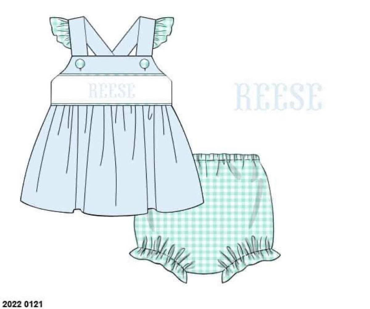 Pre Order 149: Everyday Name Smocks- Girls Asher Blue & Mint Gingham Bloomer Set