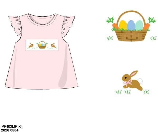 Pre Order 148: Easter Shirt Only- Girls Bunny Basket Smocked Shirt