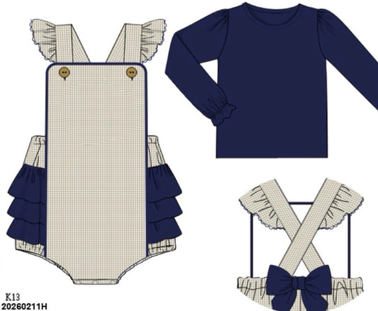 RTS: Navy & Tan Gingham- Girls 2pc Woven Bubble