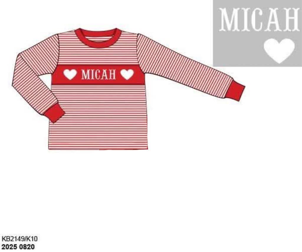 Pre Order 146: Valentines- Boys Red Stripe Name Smock Knit Shirt