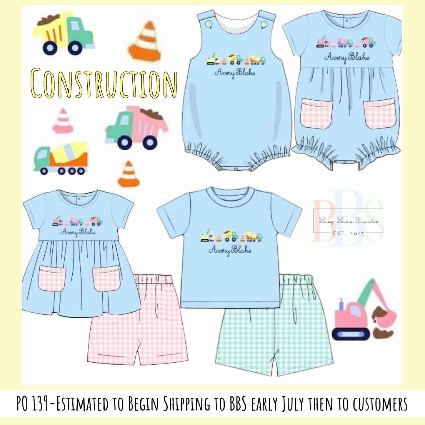 Pre Order 139: French Knot Construction- Boys Knit Angled Short Set