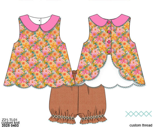 RTS: Poppy Floral & Plaid- Girls Linen Bubble Short Set