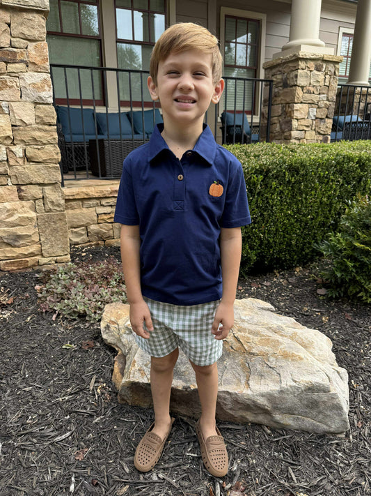 RTS: Navy & Seersucker Check Pumpkins- Boys Polo Traditional Short Set