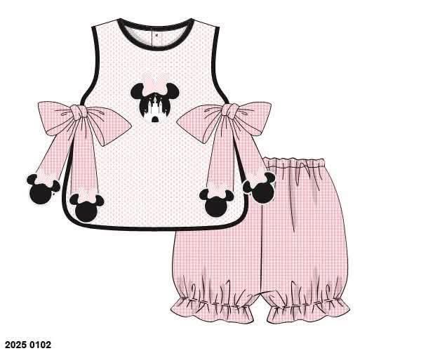 Pre Order 152: Girls Only- Earrey Mouse Appliqué Tie Bubble Short Set