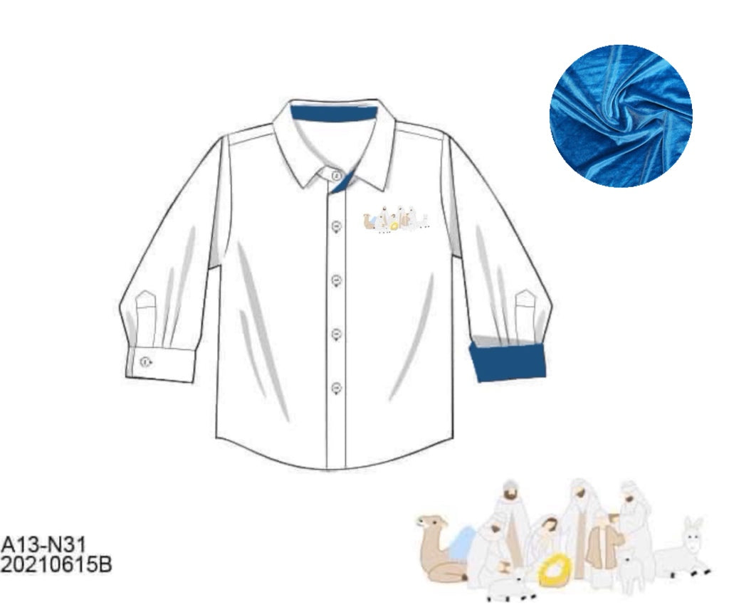 RTS: Blue Velvet Nativity- Boys Button Up Shirt