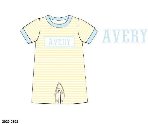 Pre Order 149: Everyday Name Smocks- Boys Blue & Yellow Stripe Knit Romper