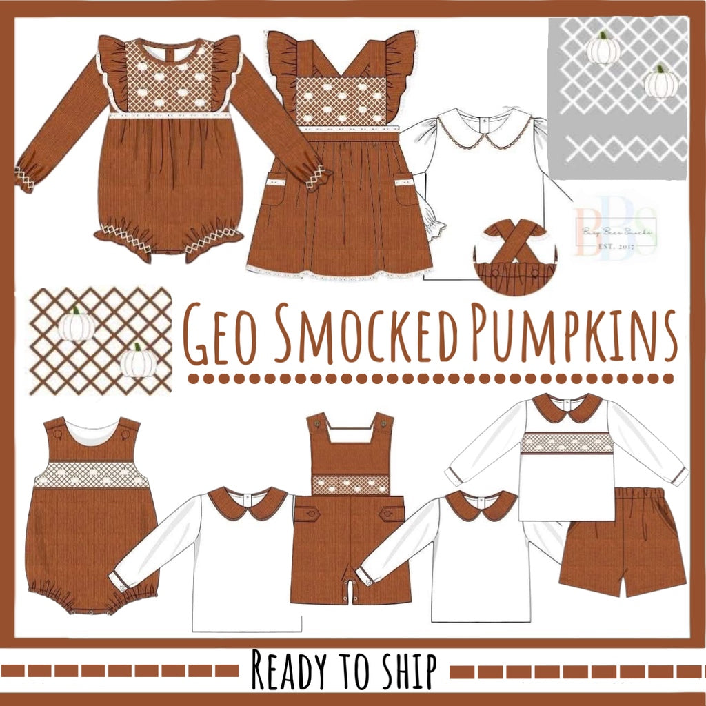 FALL RTS: Geo Smocked Pumpkins- Boys 2pc Linen Shortall
