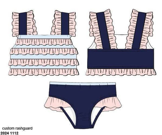 RTS: Navy Swim- Girls 2pc Ruffle Rash Guard Swim