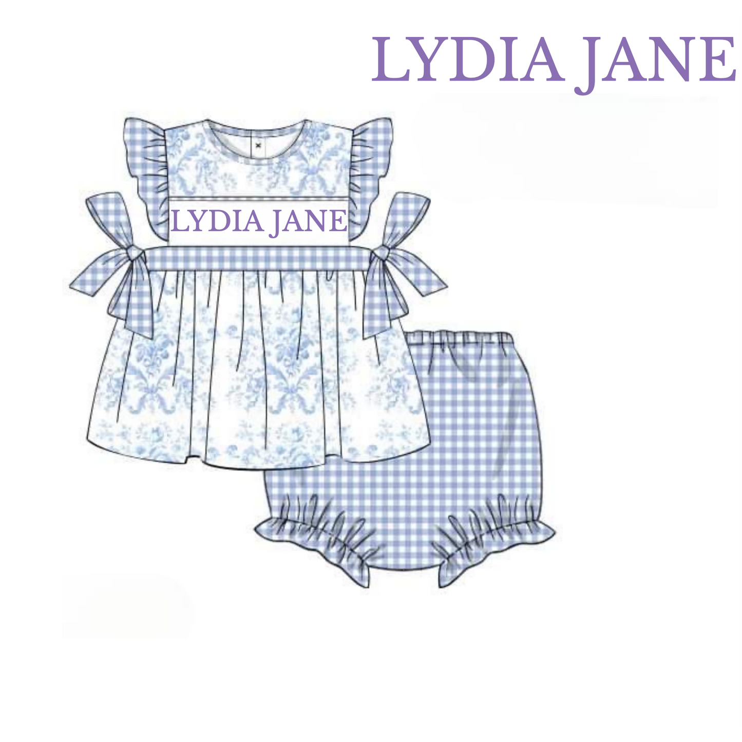 RTS: Defect- Girls Periwinkle Gingham & Toile Knit Diaper Set "LYDIA JANE"