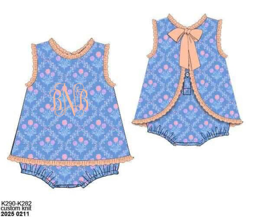 Pre Order 136: Peach Stripe & Floral- Girls Knit Bubble