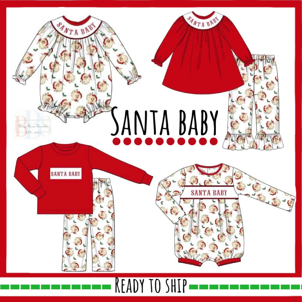 *CHRISTMAS RTS: Vintage Santa Name Smocks- Boys Knit Pant Set