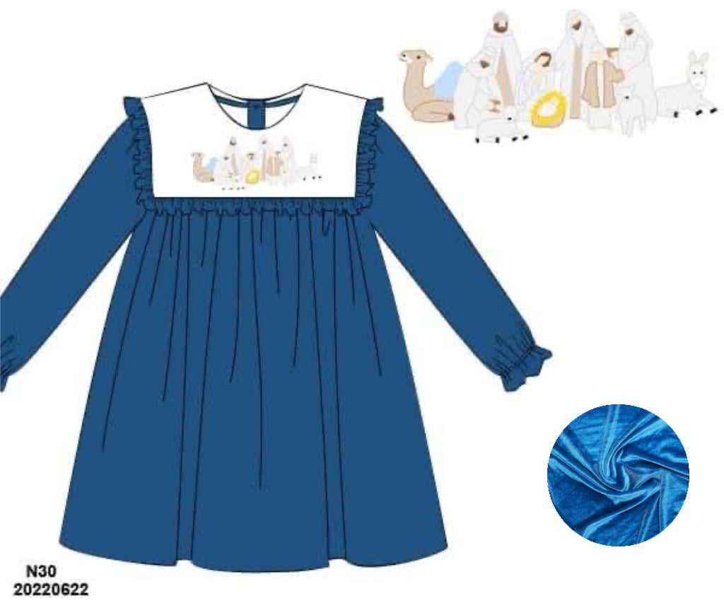 RTS: Blue Velvet Nativity- Girls Embroidered Dress