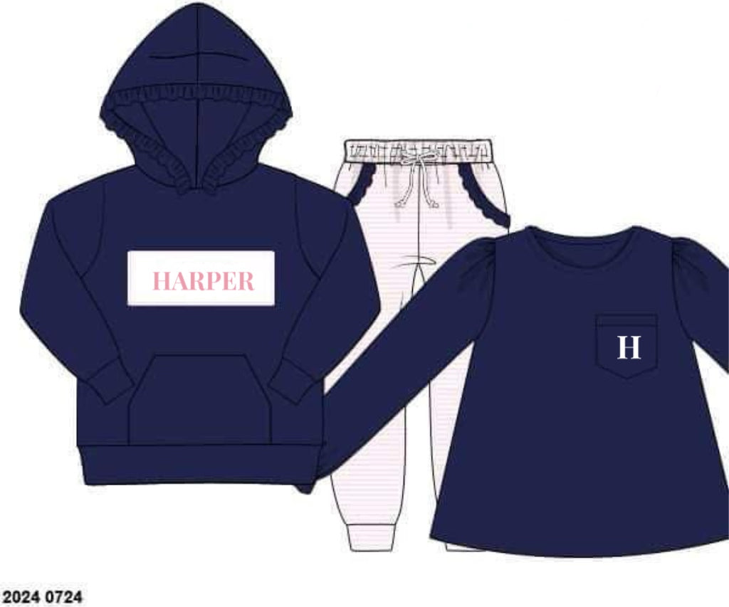 RTS: Winter Trio Packs- Girls Navy & Pink Stripe Knit Jogger Set “Harper, H”