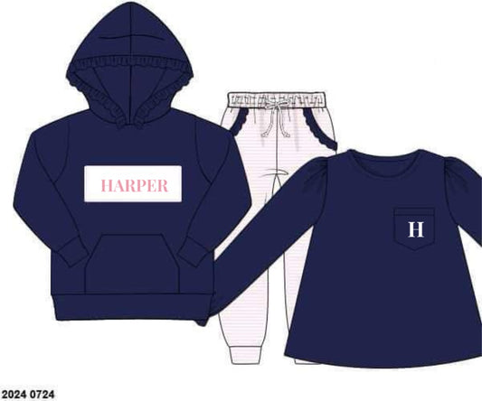 RTS: Winter Trio Packs- Girls Navy & Pink Stripe Knit Jogger Set “Harper, H”